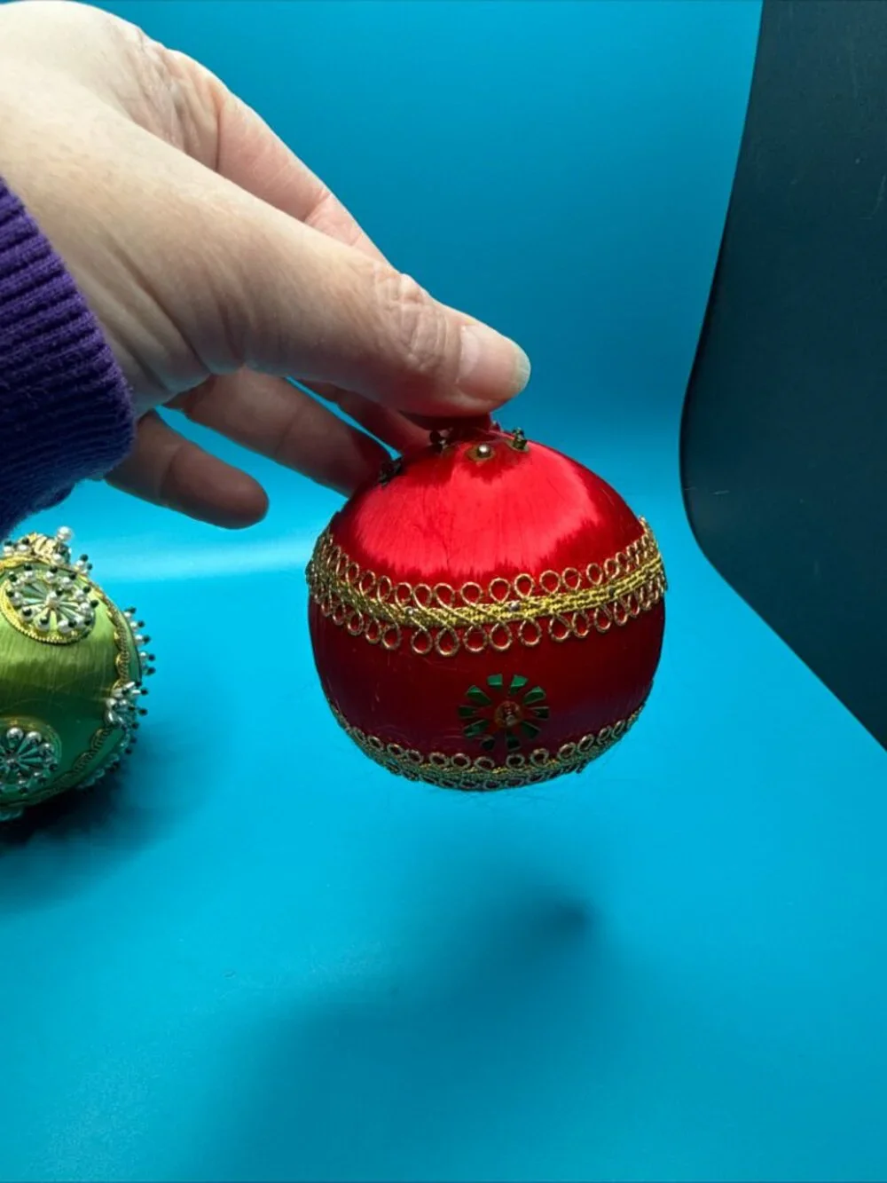 VTG Lot of 3 Push Pin Satin Beaded Jeweled Bulb Christmas Ornaments Red & Green